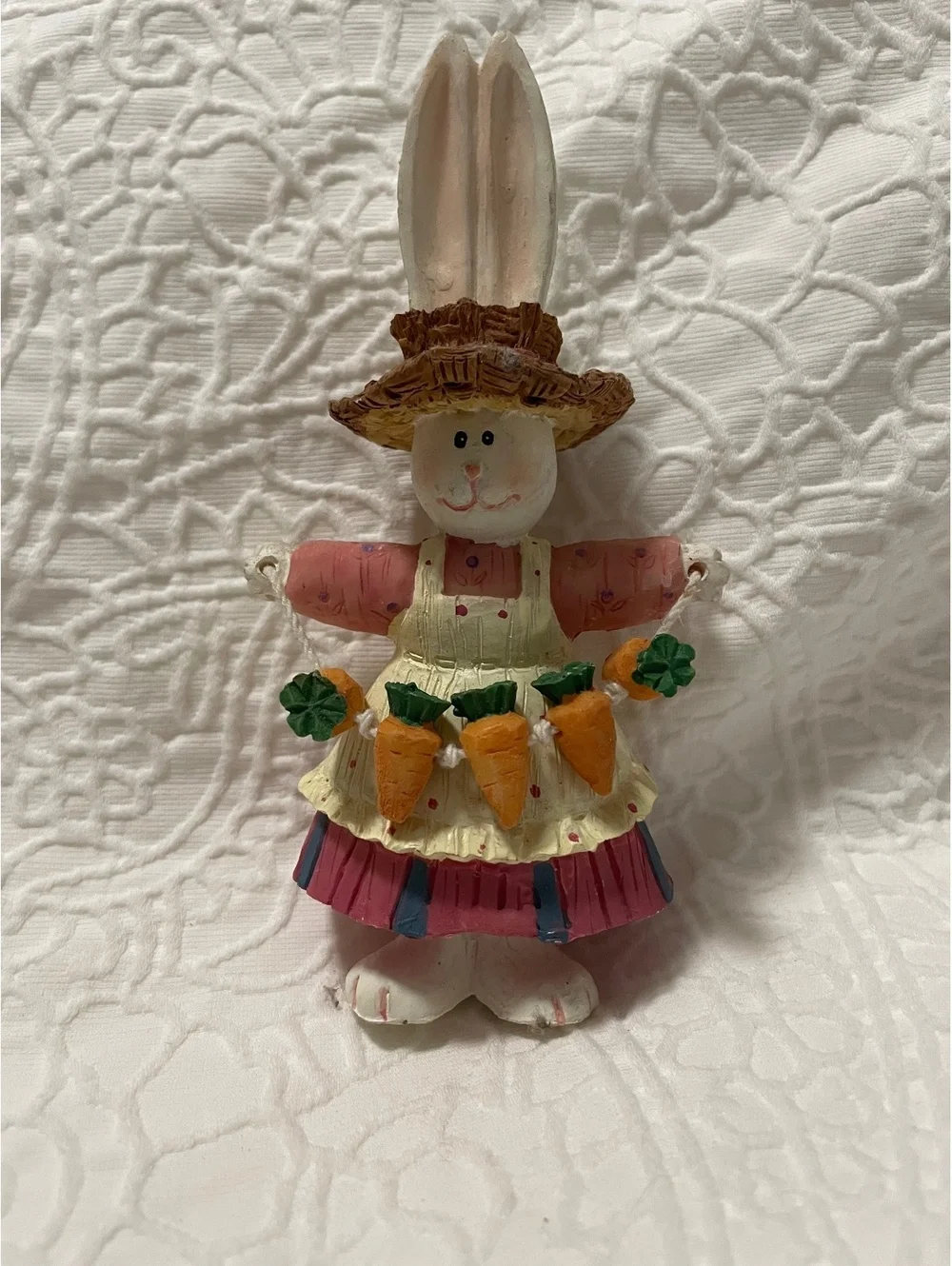 Hand-Painted Easter Bunny Figurine with Carrot Apron and Straw Hat